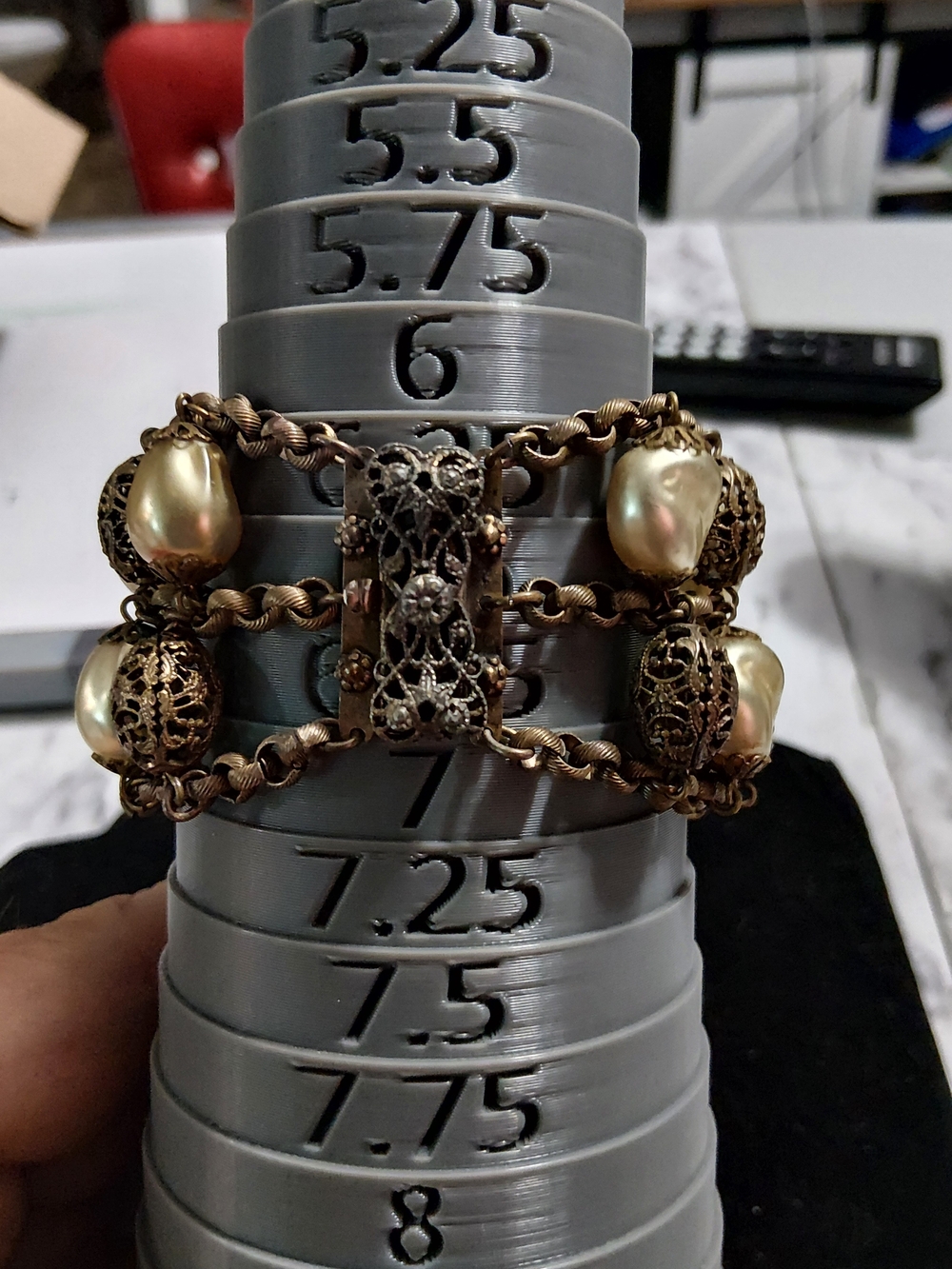 Miriam Haskell Gold-Tone Filigree and Cream Pearl Bracelet - Picture 6 of 6